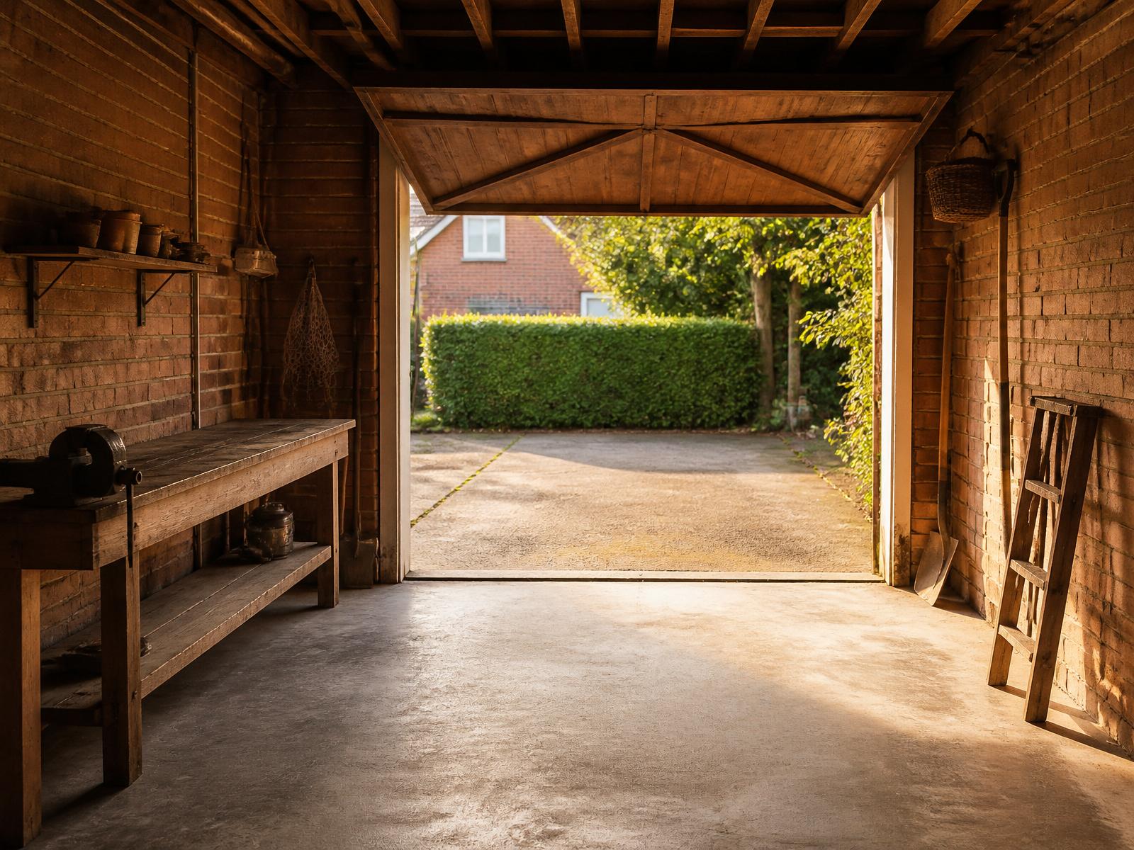 Interior of an unused domestic garage with warm afternoon light